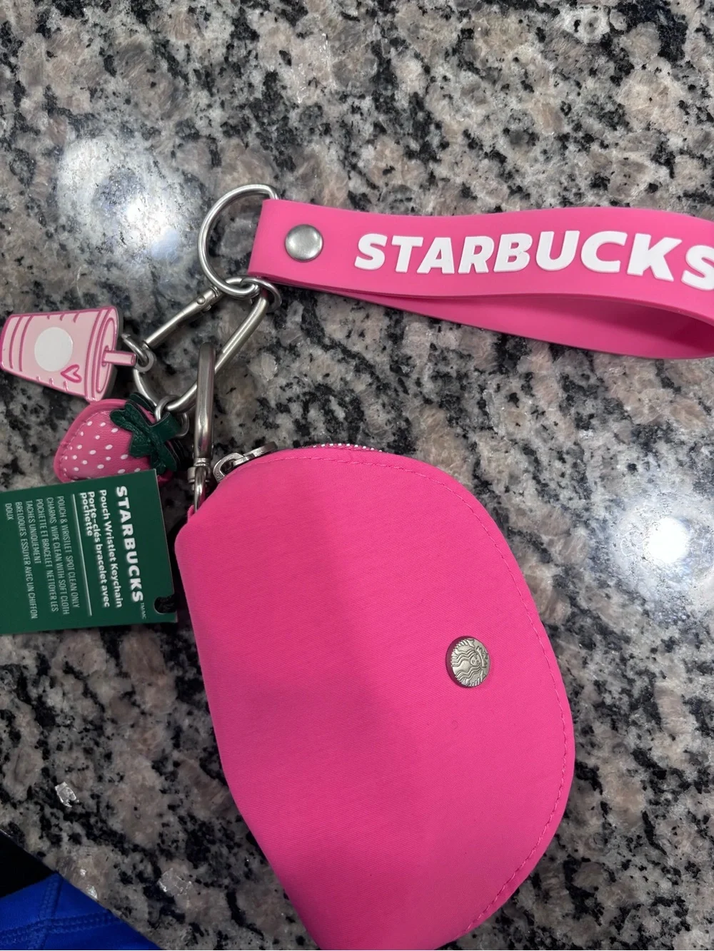 Starbucks Pink Keychain Wristlet Pouch with Strawberry Charm